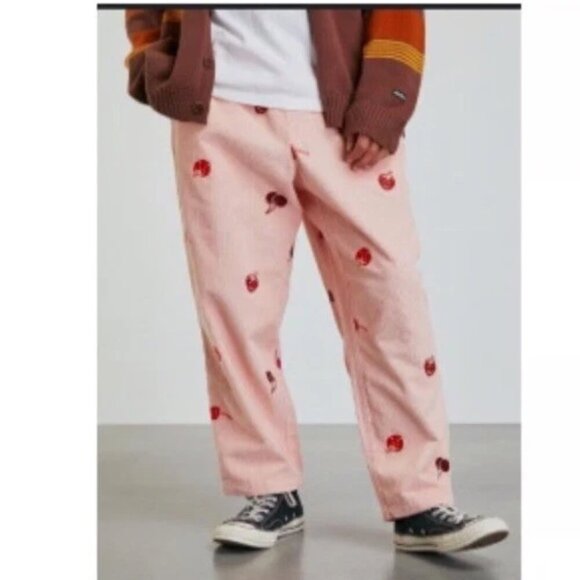 Uo Embroidered cherry strawberry unisex Classic Corduroy Beach Pant In Pink XL - Picture 1 of 9